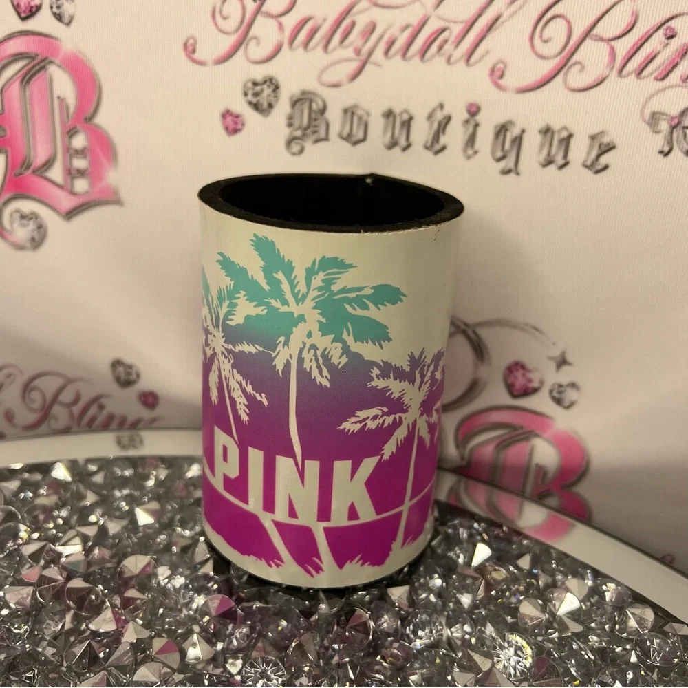 Victoria secret pink coozie drink holder palm trees ombré summer beach cooler - Picture 3 of 4